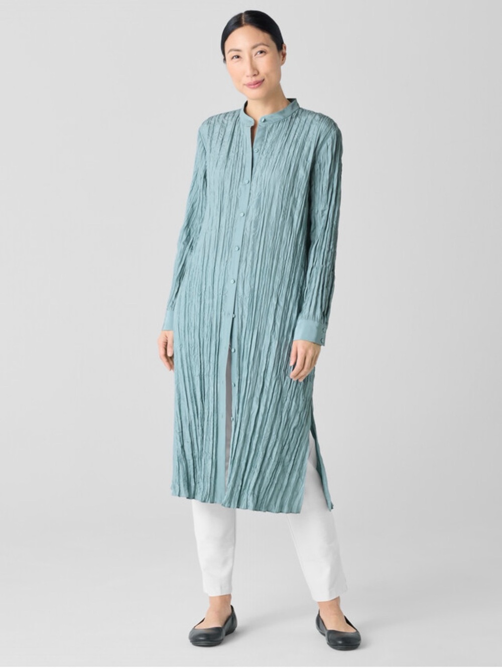 Eileen Fisher Crushed Silk Band Collar Long Shirt Tunic SEAFOAM BUTTON down NEW